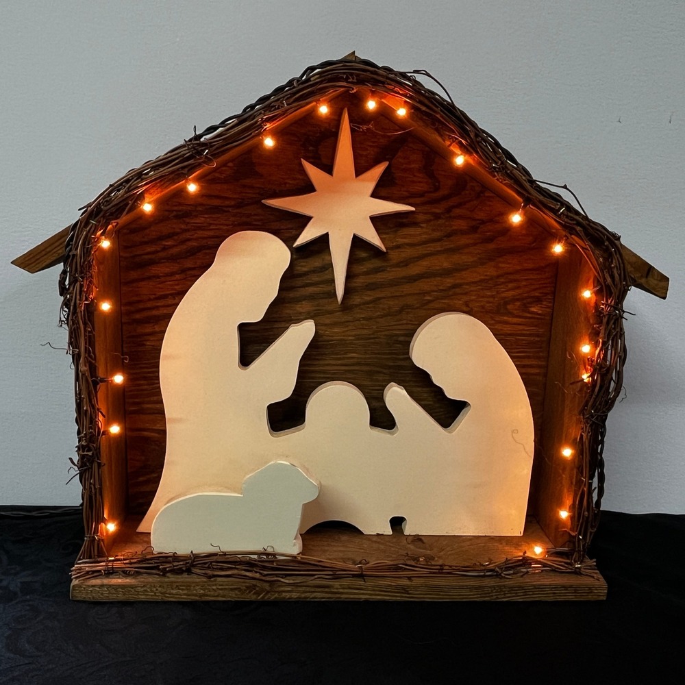 Handmade Wooden Lighted Nativity Scene Silhouette Rustic Christmas Manger 14x17"